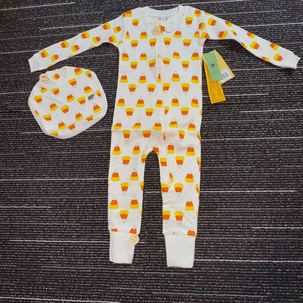 Monica+Andy Candy Corn Sleeper Bib Set 18-24M NWT Organic Cotton Halloween